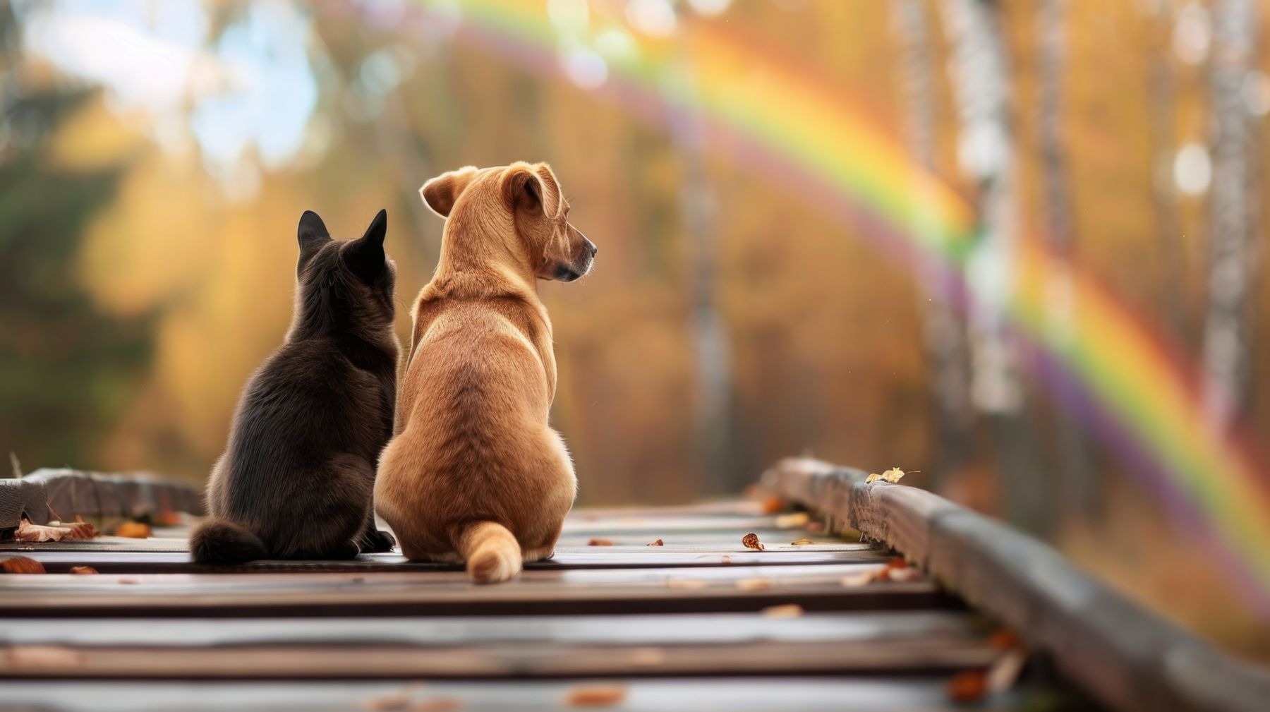 A dog and a cat sitting together on a wooden bridge beneath a rainbow
