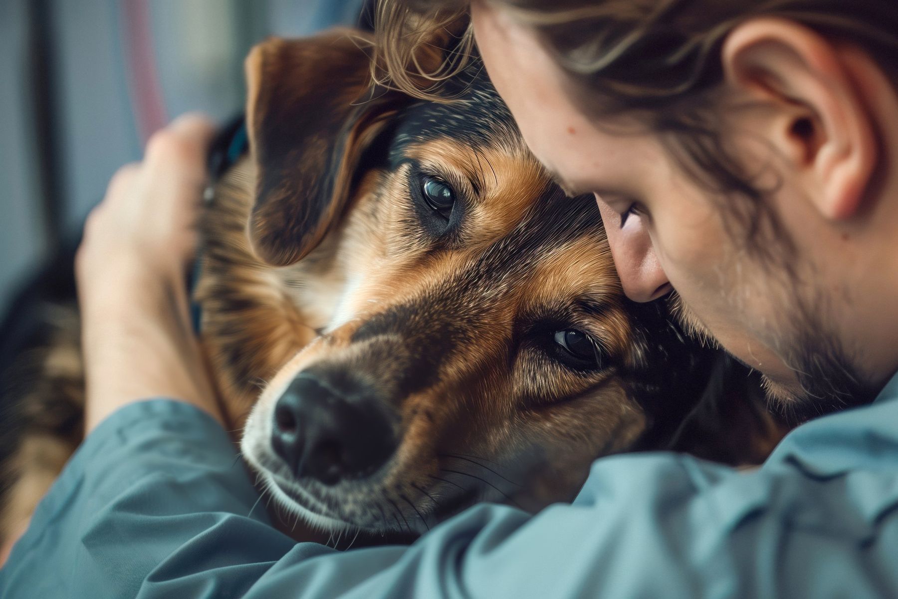 A woman holding her dog close as she says goodbye at home